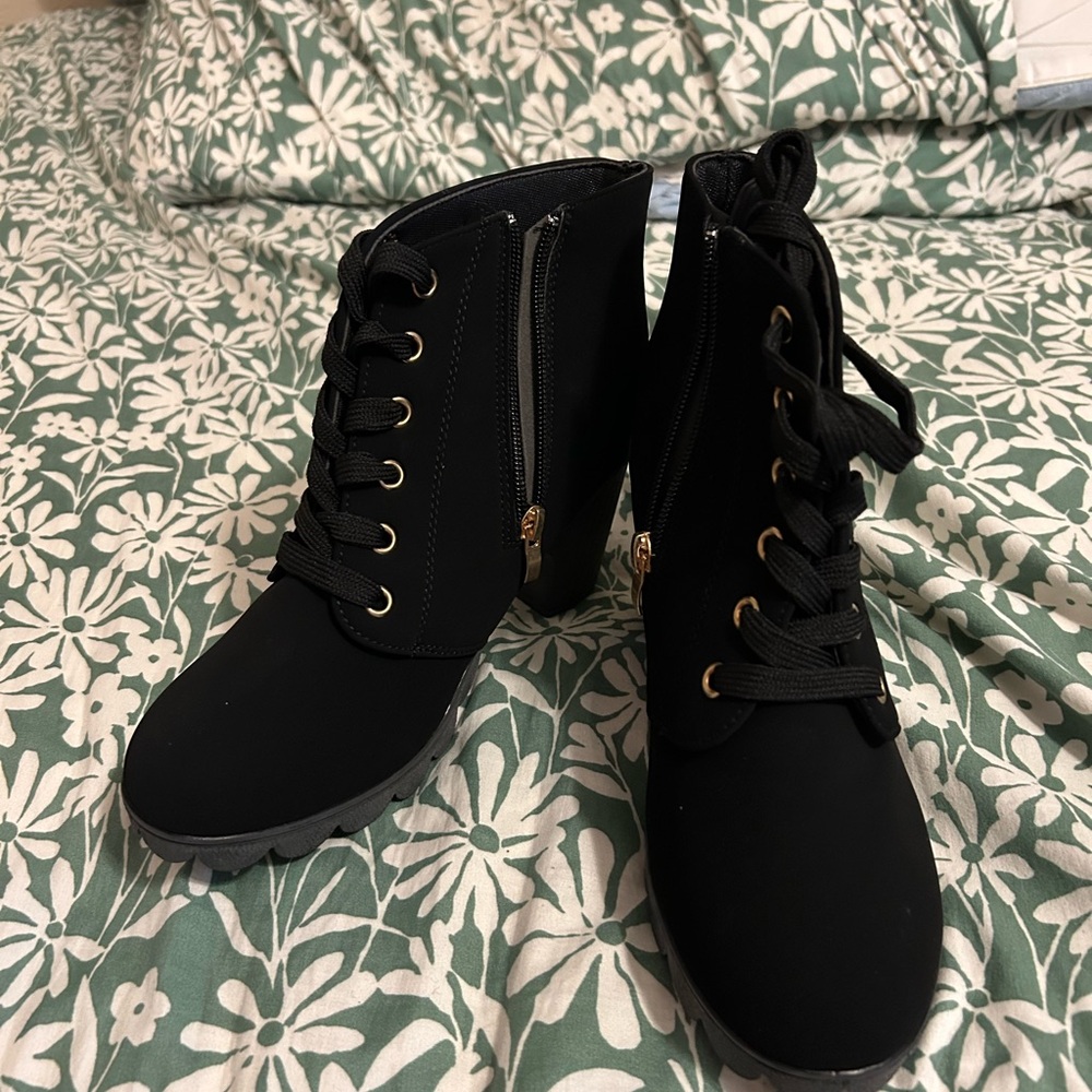 SHEIN Black Lace Up Boots with Gold Accents
